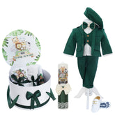 Set trusou pentru botez baieti, verde, model animalute Safari, 15 piese, costum, lumanare cu Safari, trusou si pantofiori, REC3291